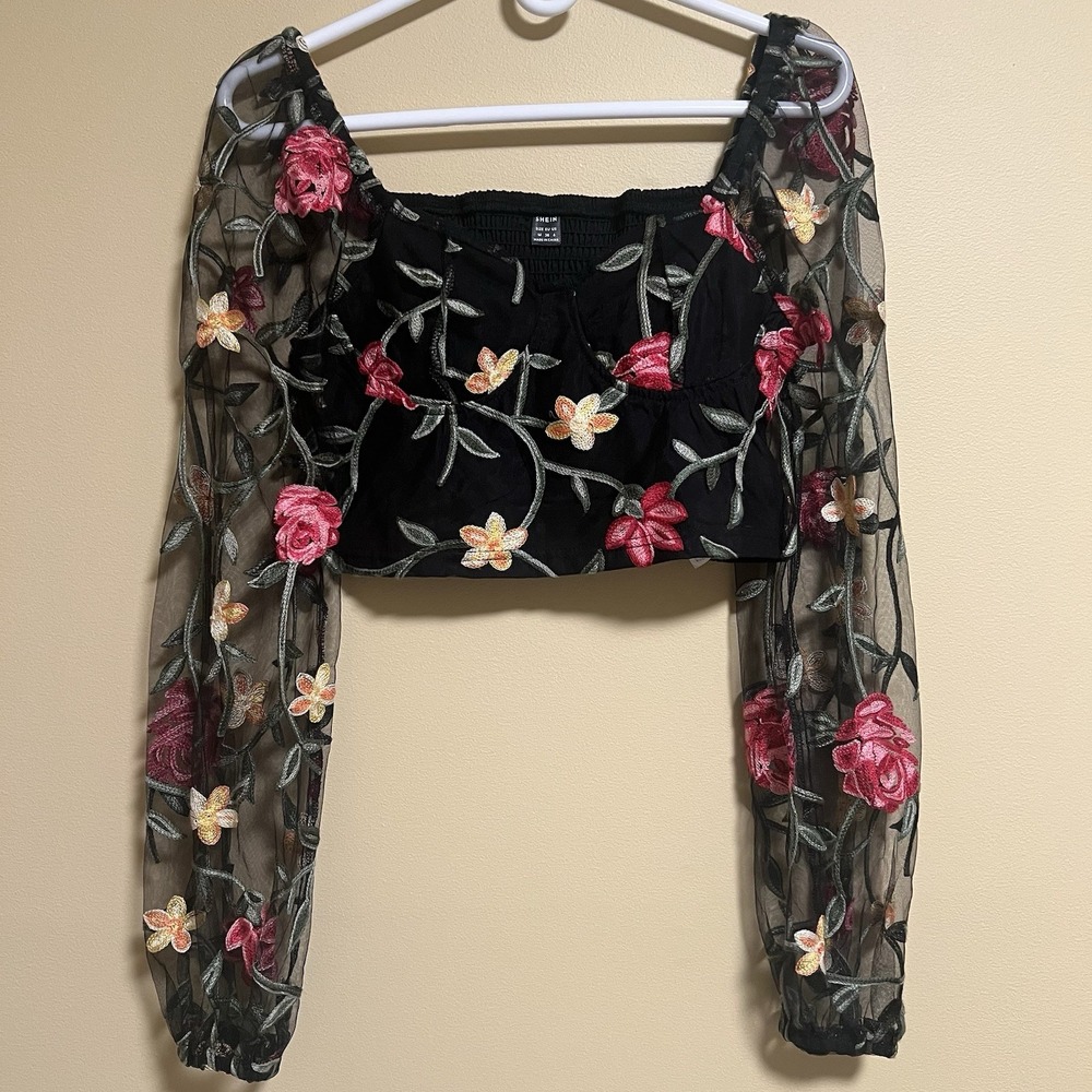 Women's Embroidered Floral Mesh Sheer Corset Milkmaid Top Size Medium Goth